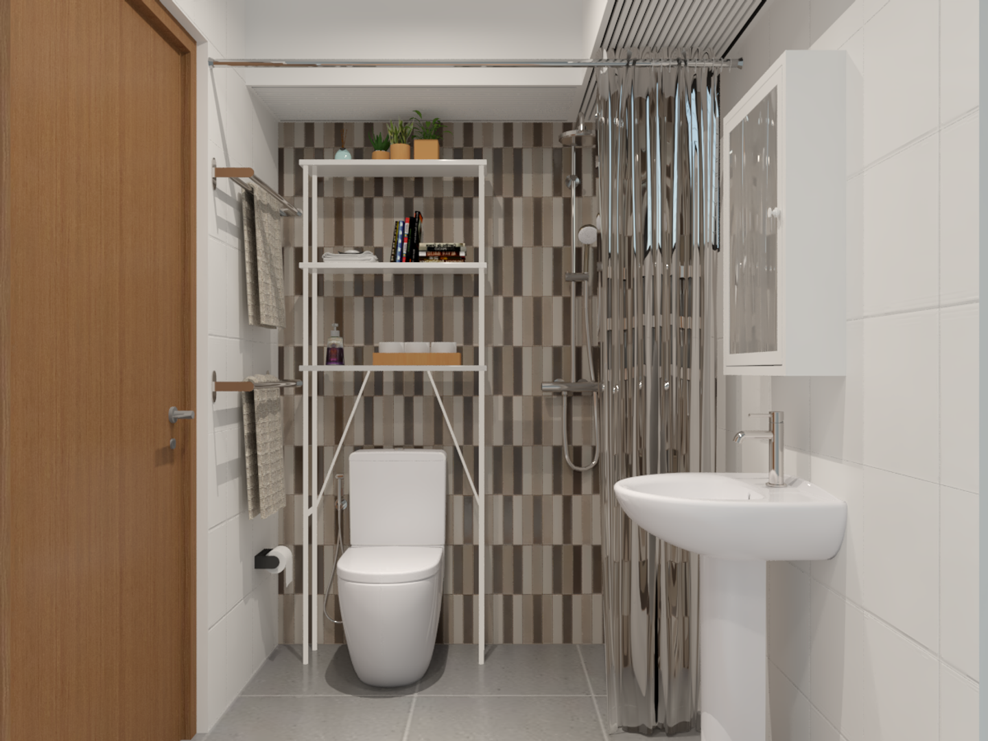 Open Storage Shelf Compact Minimal Bathroom Design with Shower Curtain - Livspace