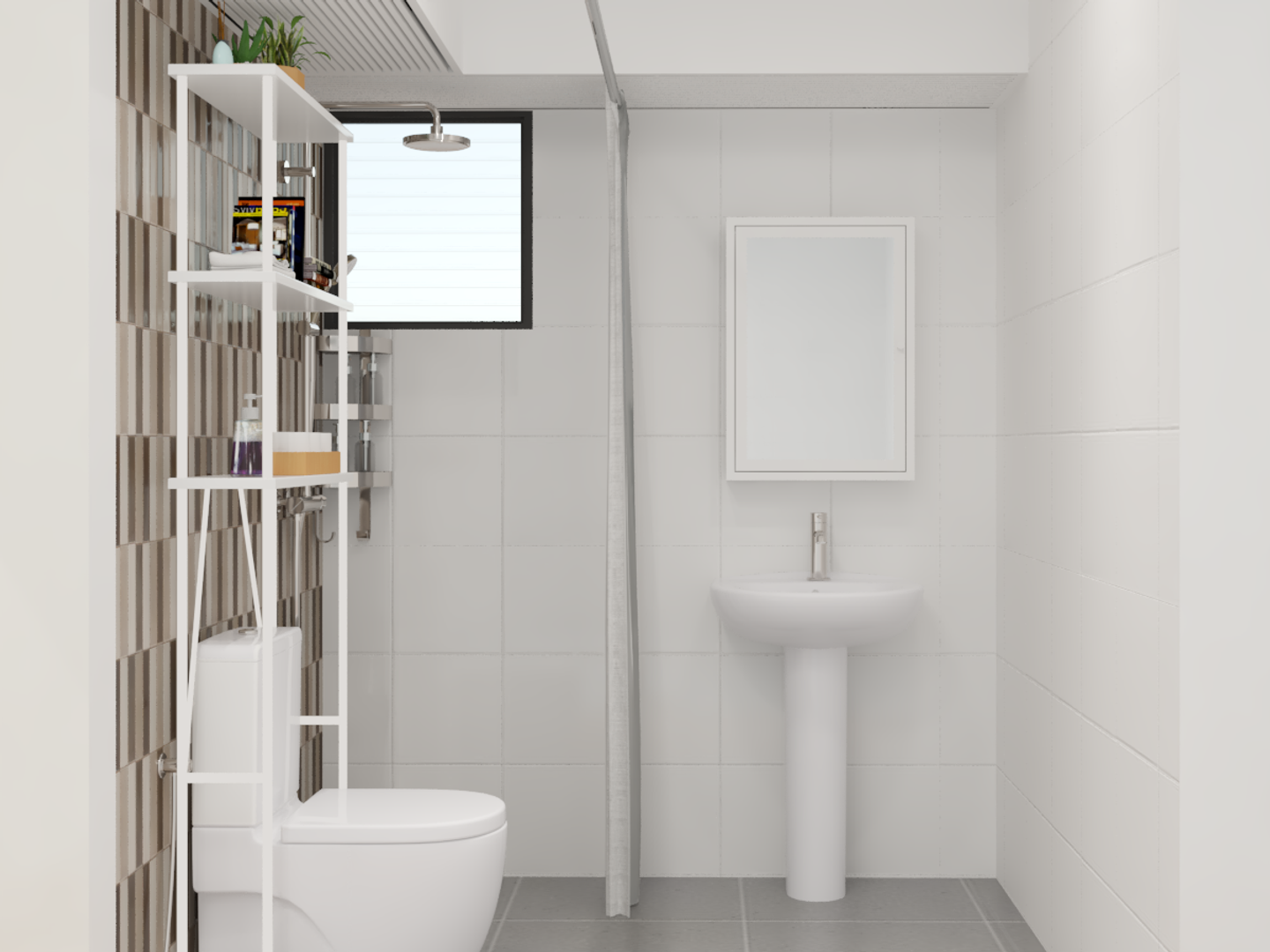 Open Storage Shelf Compact Minimal Bathroom Design with Shower Curtain - Livspace
