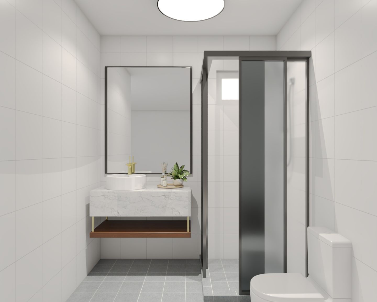 White Minimal Storage Compact Bathroom Design with Wet Corner - Livspace