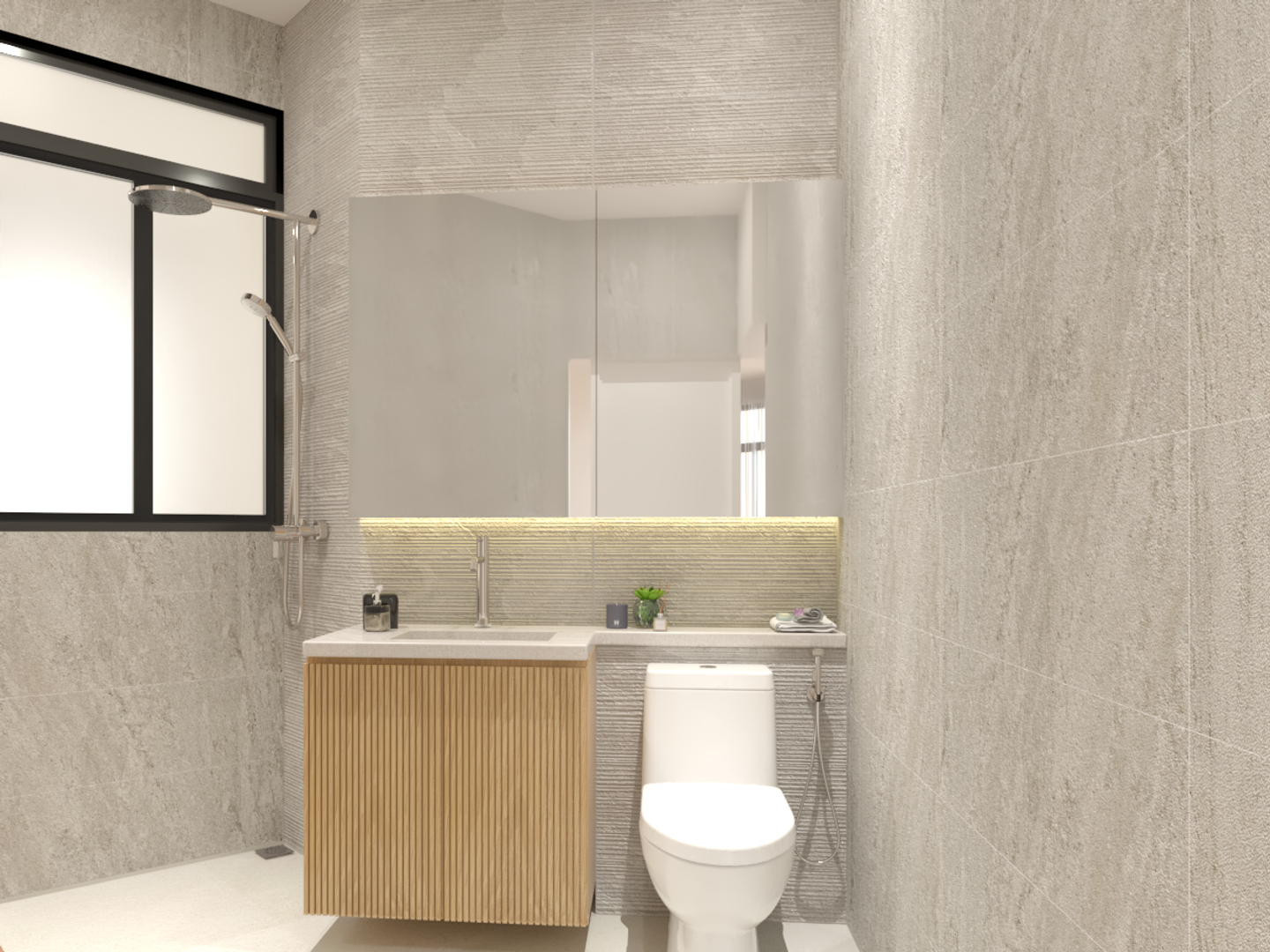Low Maintenance Bathroom With Beige Coloured Tiles - Livspace