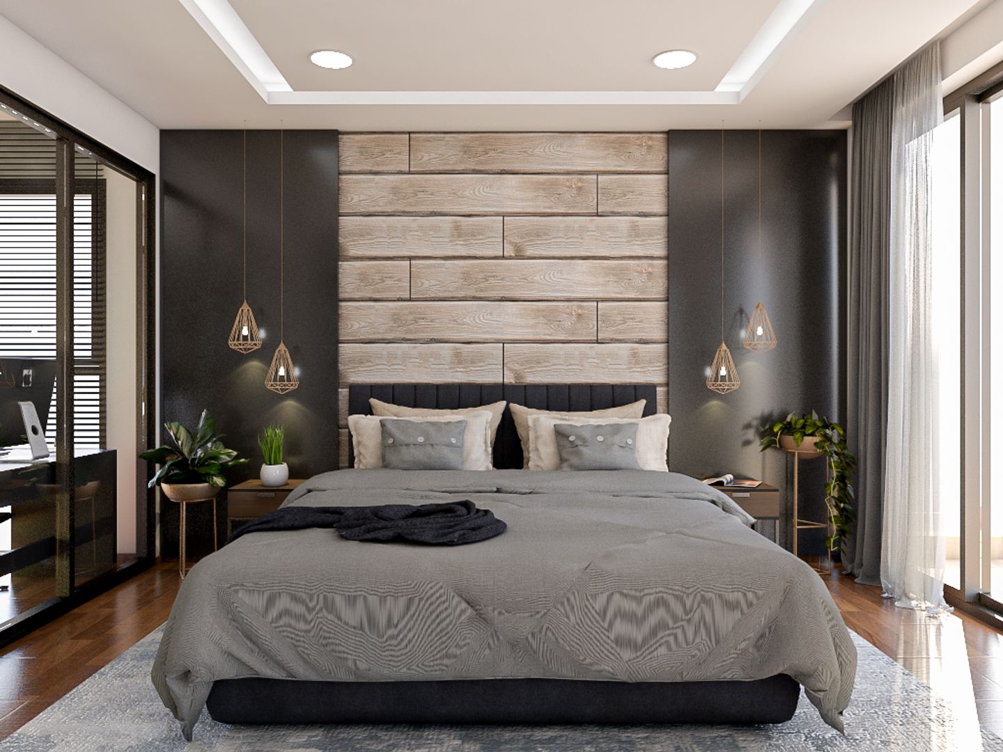 Rustic Bedroom with Grey Accent Wall - Livspace