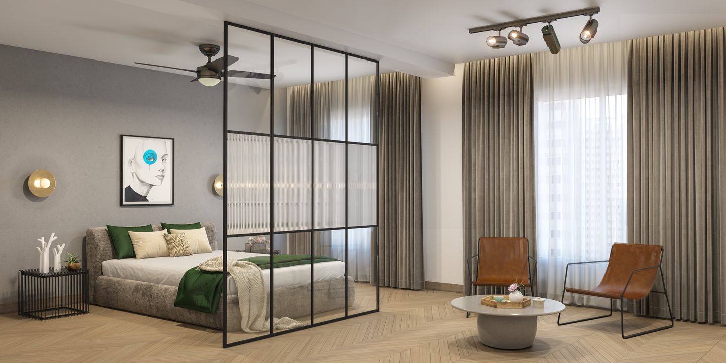 Master Bedroom With Metallic Frame Glass Divider