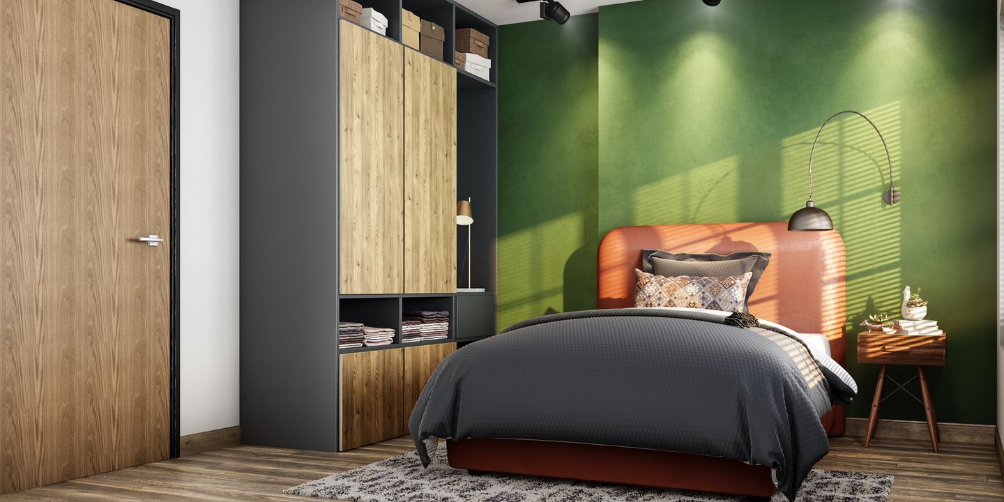 Compact Eclectic Bedroom with Olive Green Wall - Livspace