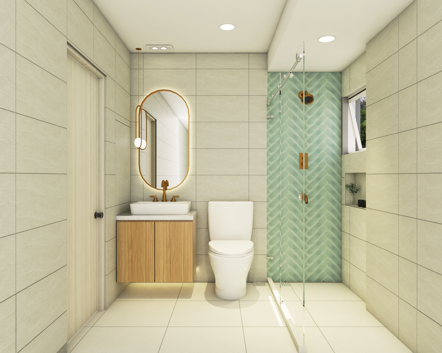 Spacious Modern Toilet With Mint Green Tiles - Livspace