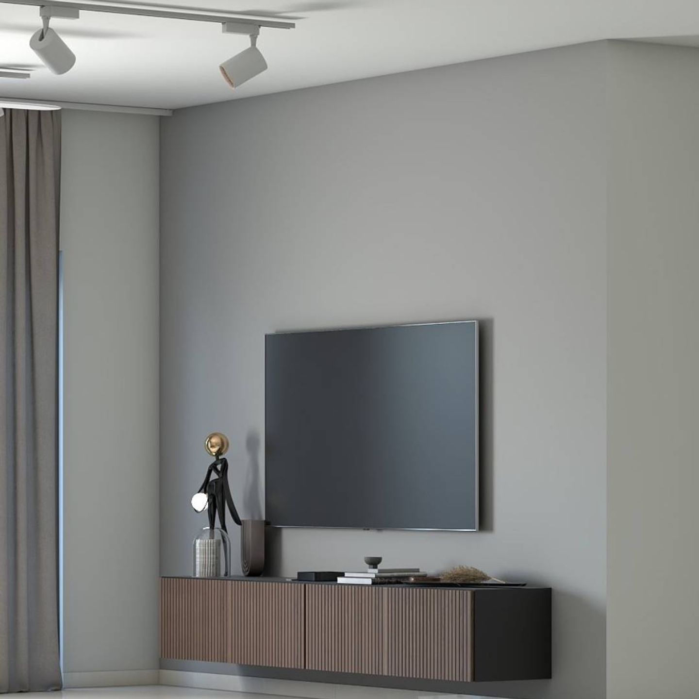 Classic Grey And White TV Unit Design With Floating Wooden Console - Livspace