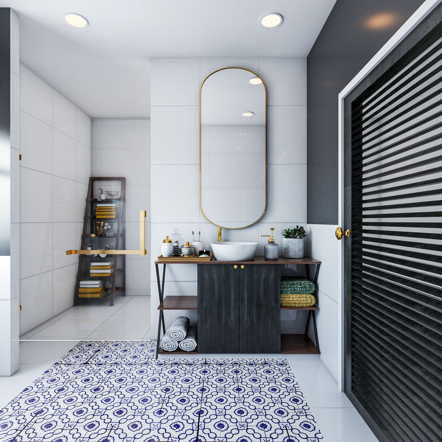 Art Deco Spacious Toilet Design with Patterned Floor Tiles - Livspace