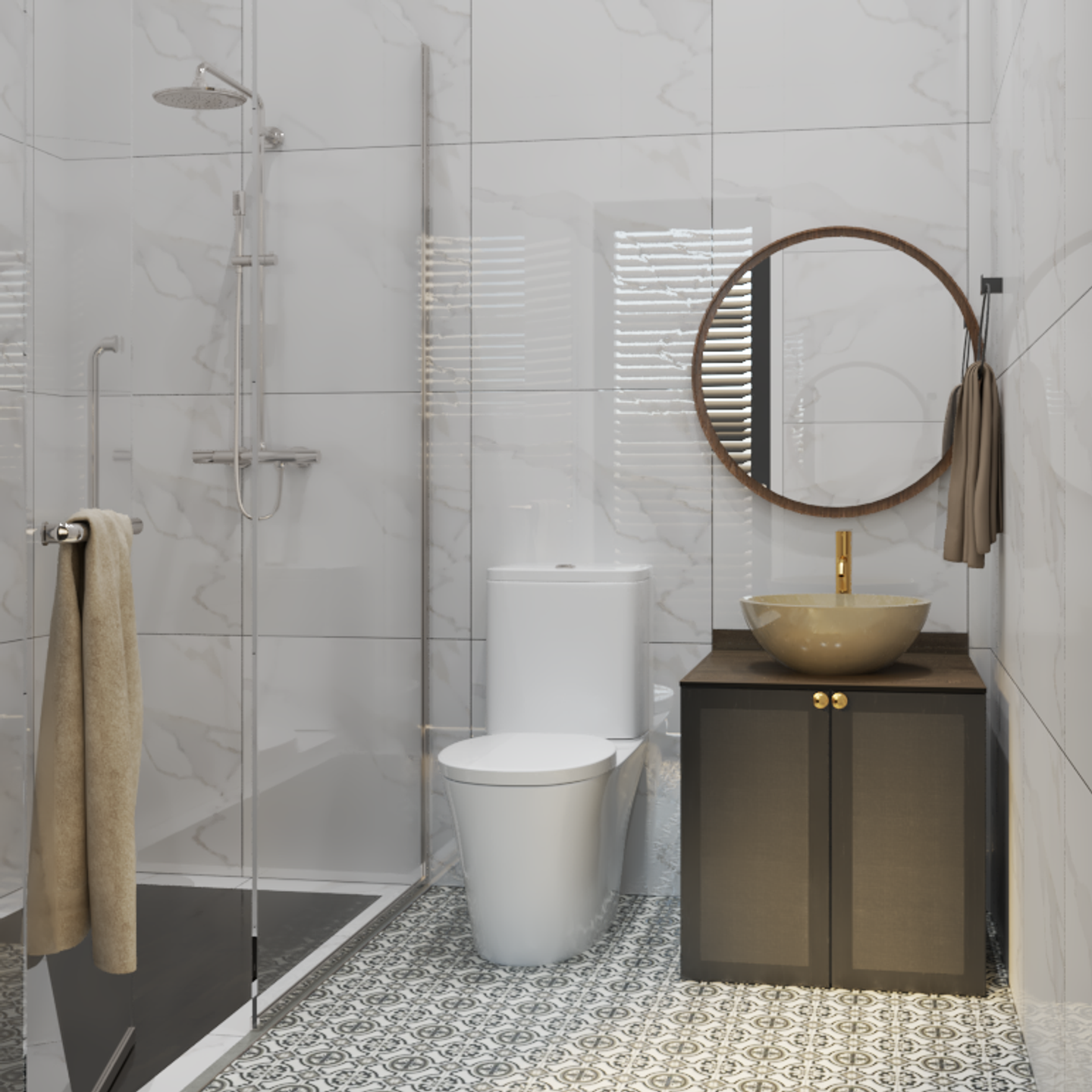 Mid-Century Modern Compact Toilet Design with Round Mirror - Livspace