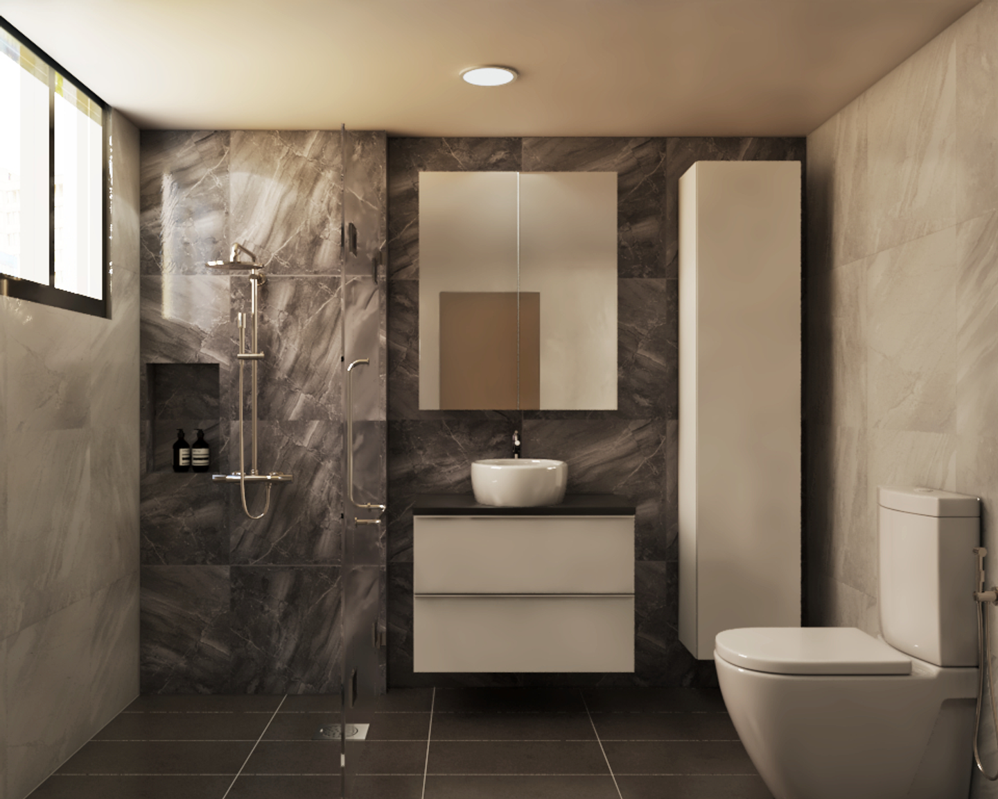 Dark Tiles Modern Spacious Toilet  Design with Tower Tap - Livspace