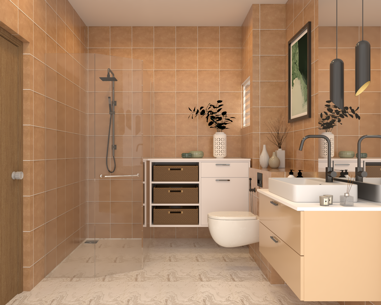 Brown Modern Spacious Design Idea for Toilet With Pendant Lights - Livspace