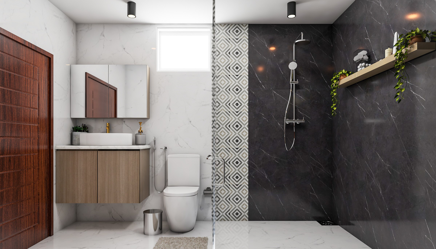 Spacious Toilet  Design with Contemporary Black and White Tiles - Livspace