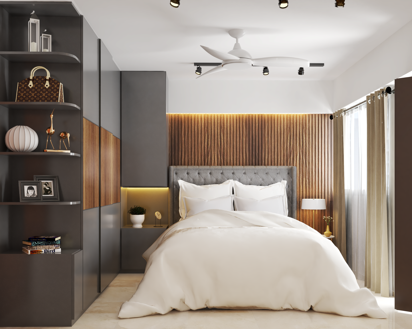 Compact Bedroom with Wood and Grey Tones - Livspace