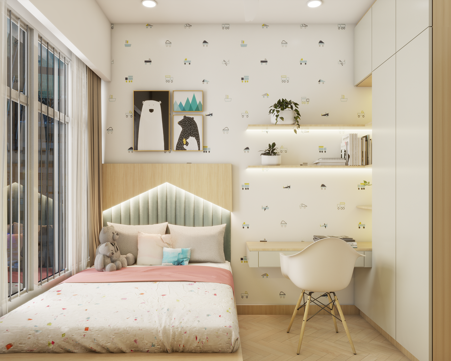 Compact Pastel Themed Kids Room Design - Livspace