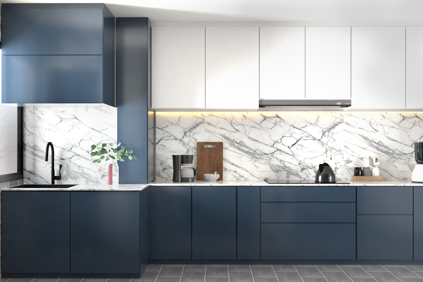 Marble Finish Tiles Kitchen Design with Fridge and Storage - Livspace