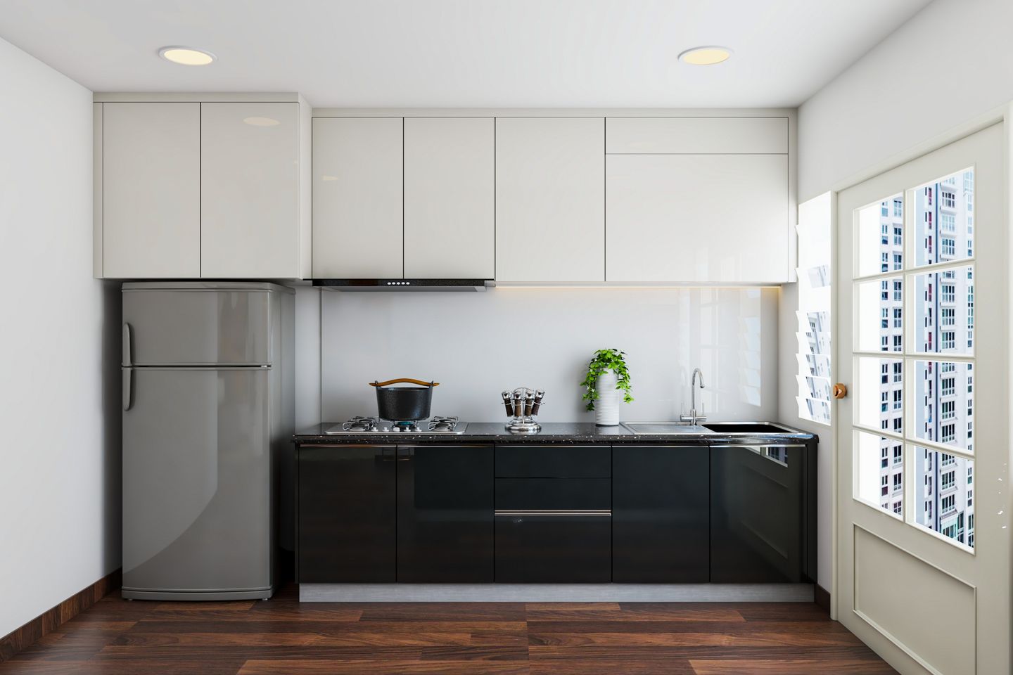 Black and White Kitchen Design with Dark Wood Flooring - Livspace