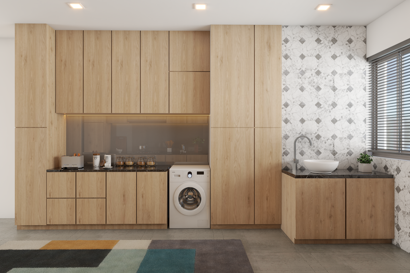 Modern Spacious Kitchen Design with Dark Wood Cabinets and Sliding Door - Livspace