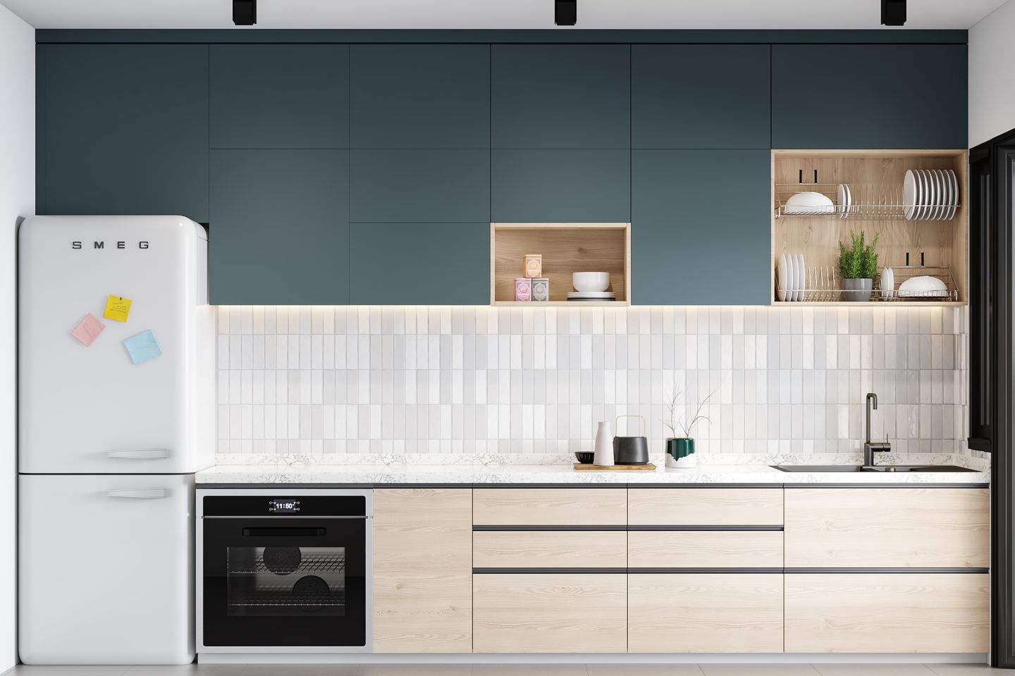 Navy Blue and Wooden Kitchen - Livspace