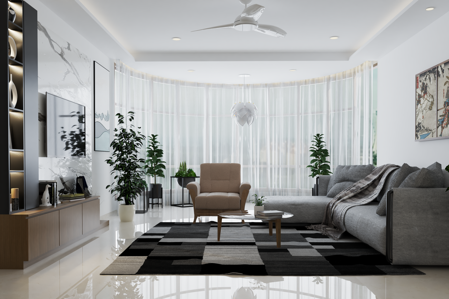 White-Themed Spacious Living Room - Livspace