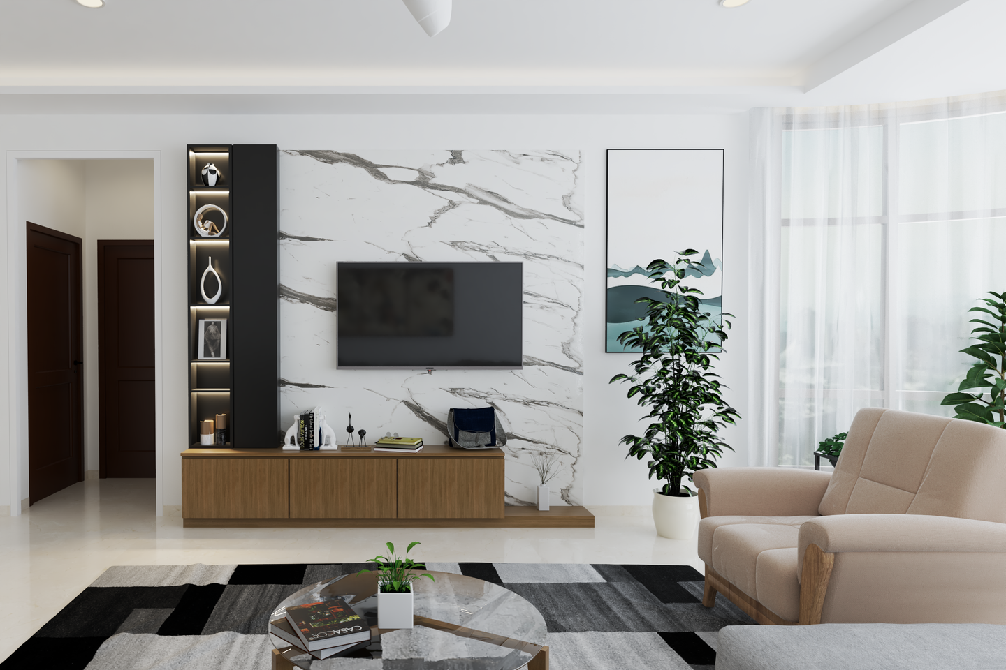 White-Themed Spacious Living Room - Livspace