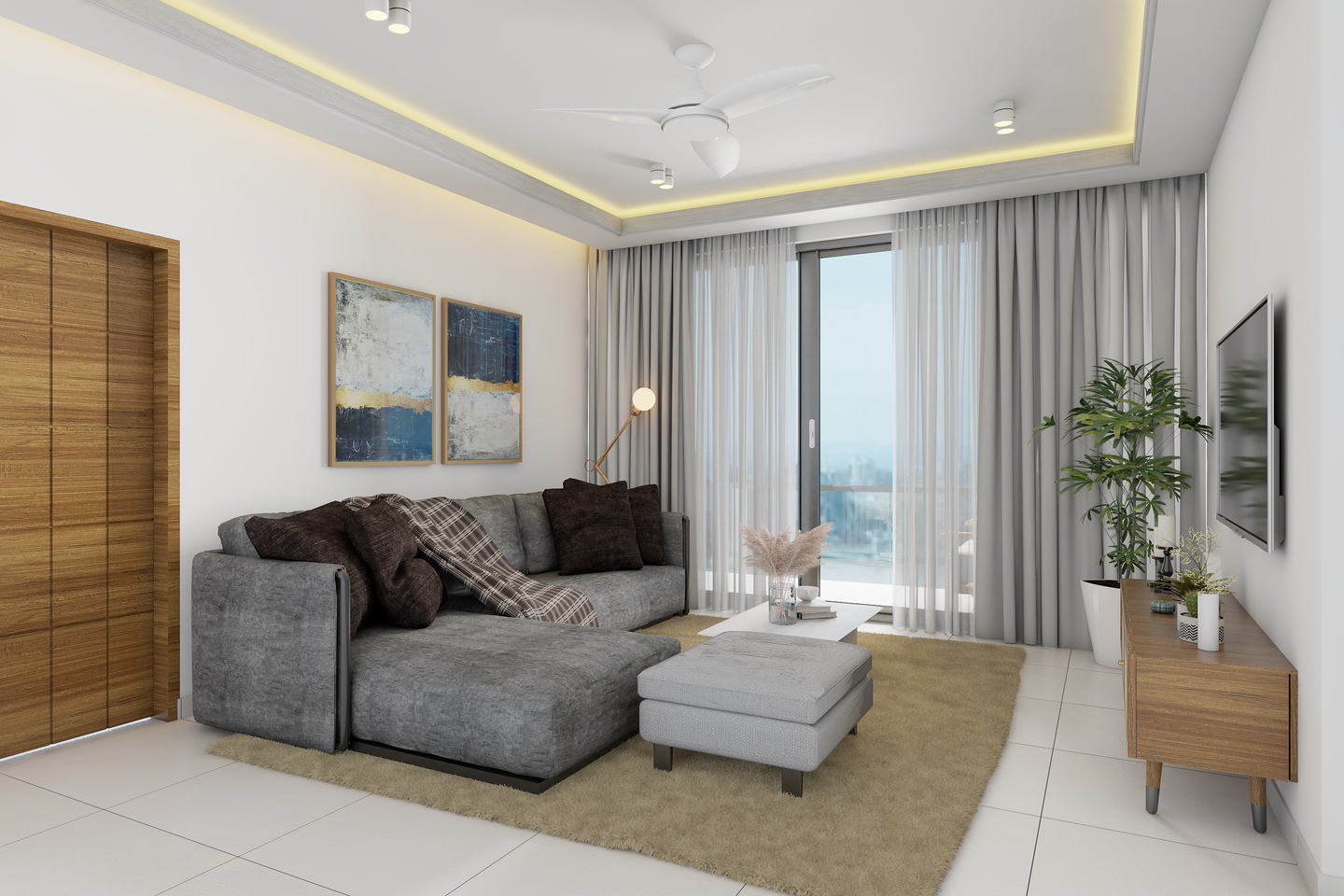 Spacious Living Room with Grey Sofa - Livspace
