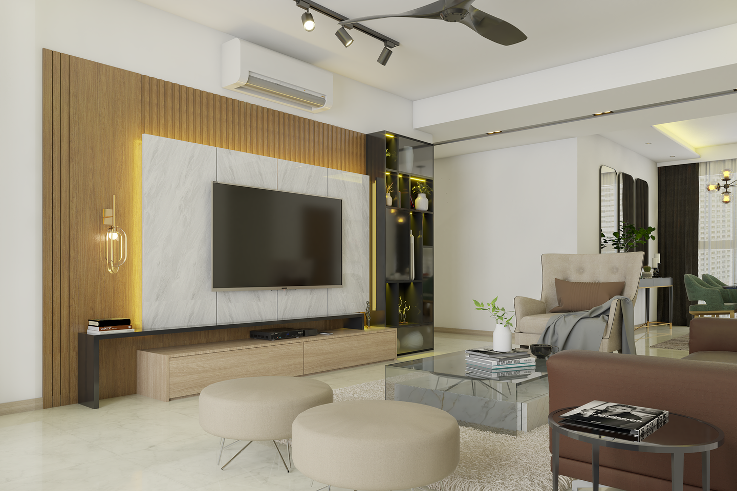 Modern and Spacious Living Room with Elaborate TV Unit - Livspace