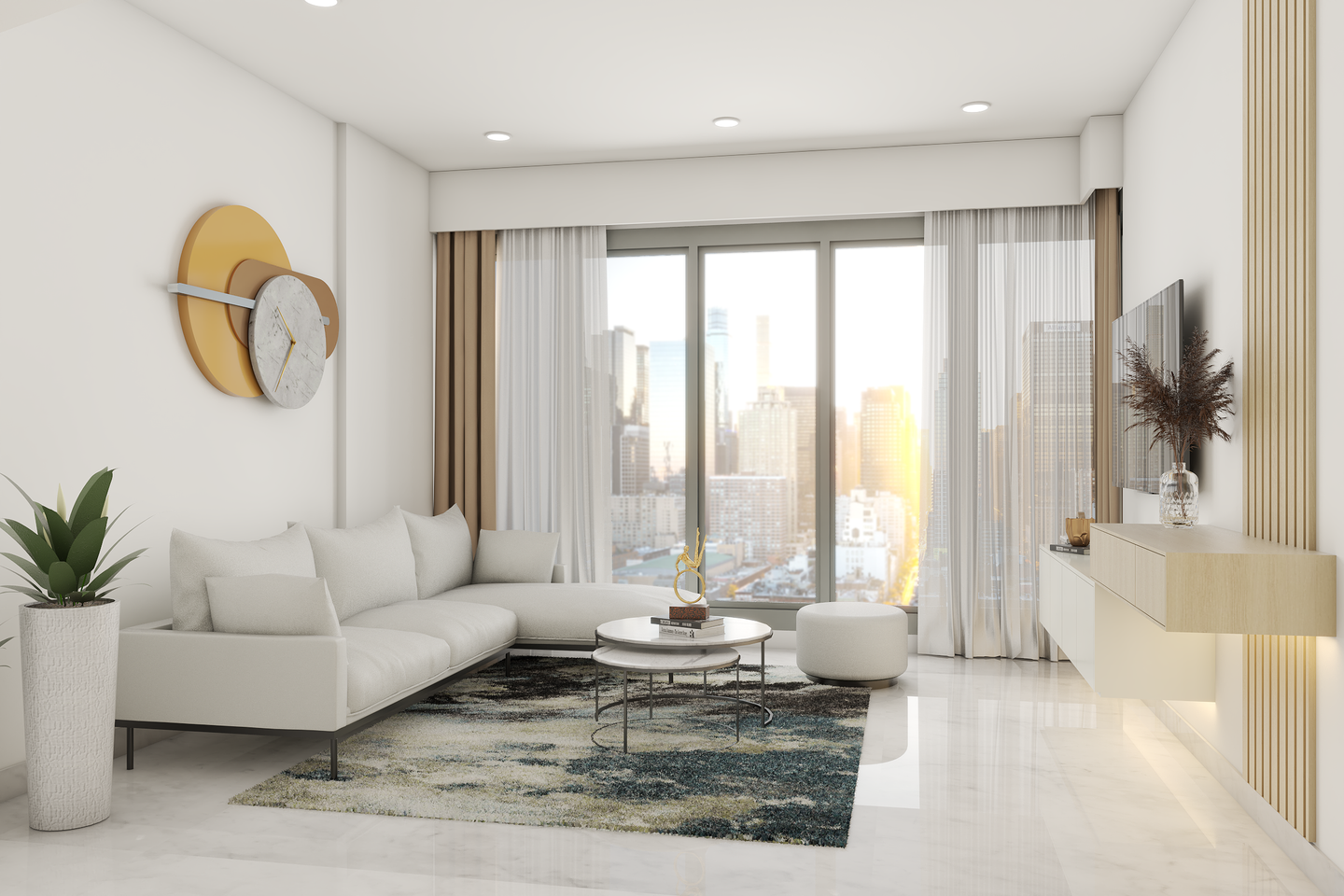 White-Themed Modern Living Room - Livspace