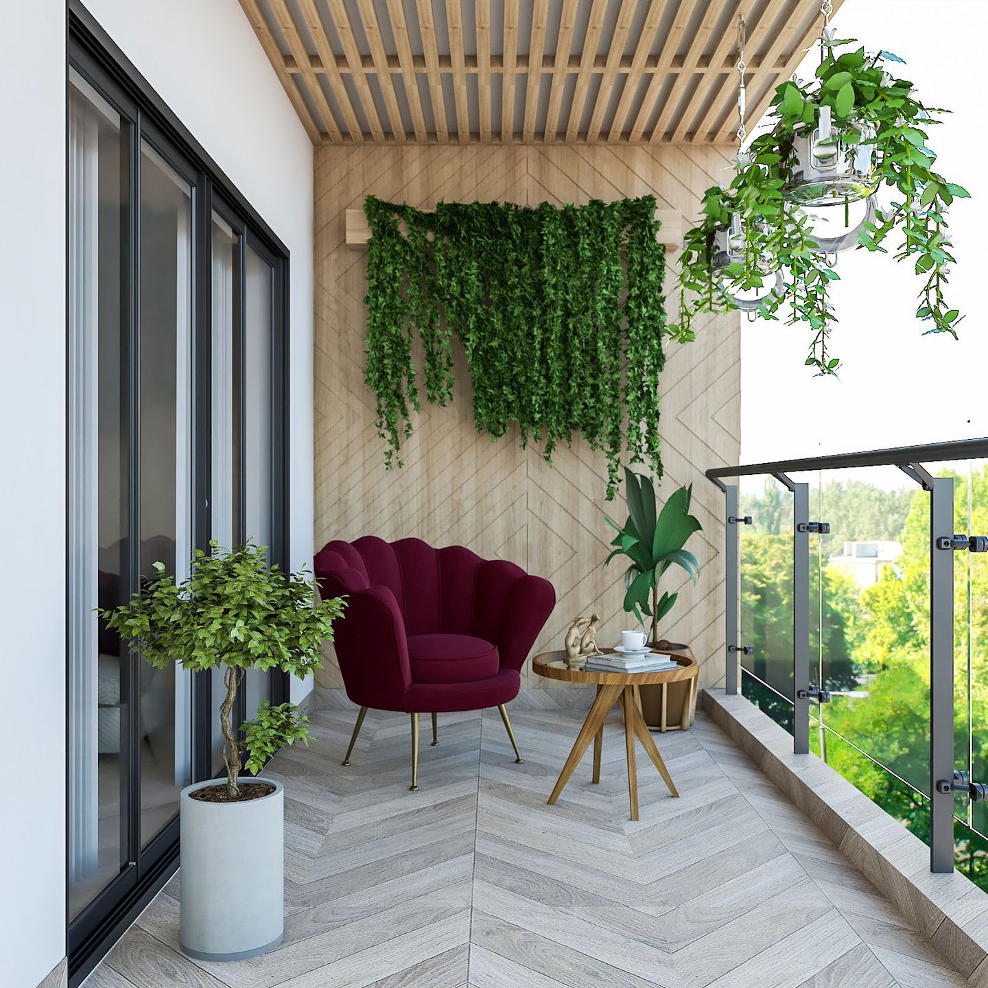 Spacious Balcony Design With Wooden Wall-Ceiling Panelling And Maroon ...