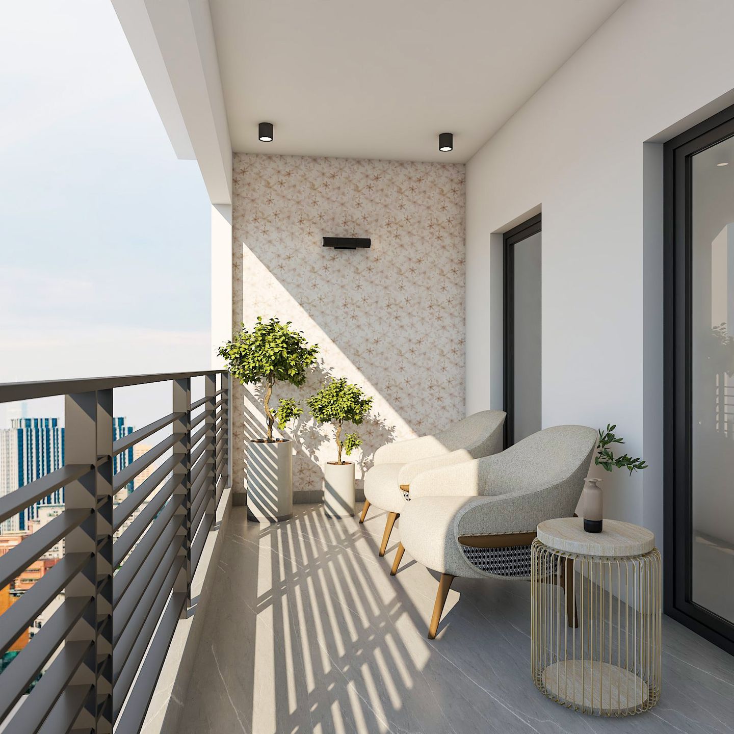 Spacious Balcony Design With Floral Wallpaper And Cream-Toned Accent ...