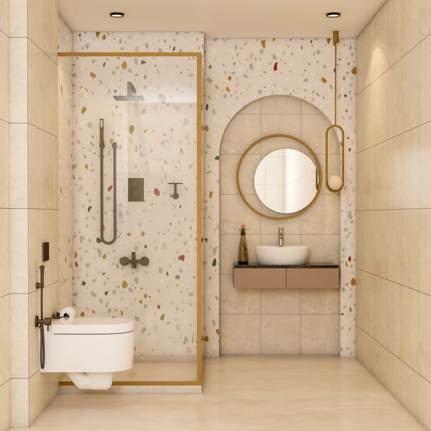 Beige And White Terrazzo Bathroom Design With Irish Cream Vanity Unit ...