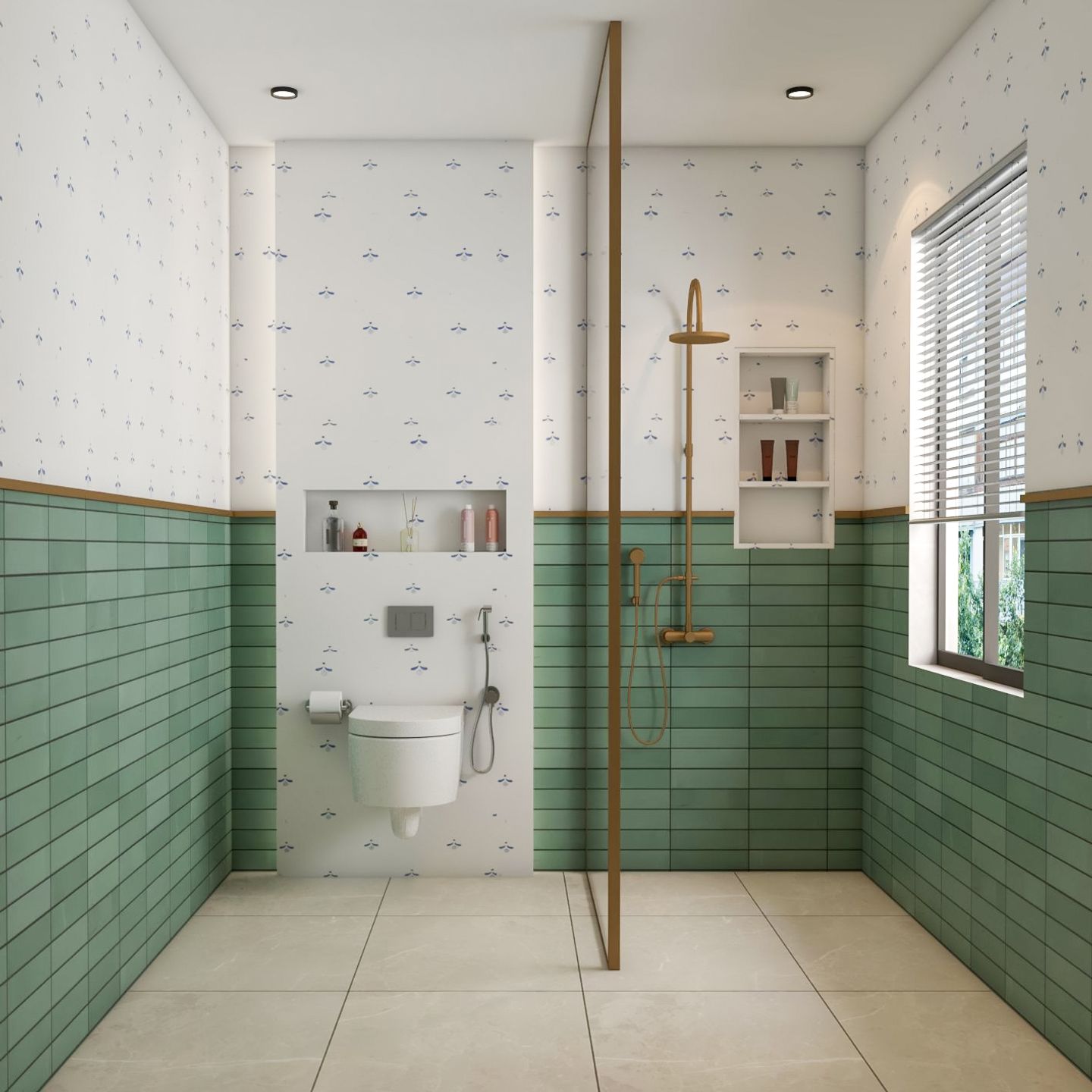 Dual-Toned Green And White Bathroom Design With Wall Niche | Livspace