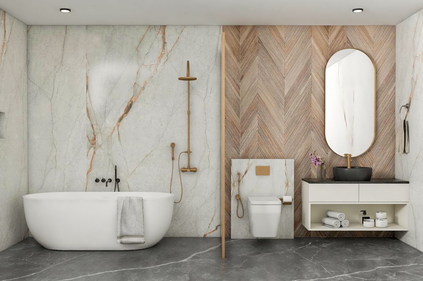 Spacious Grey And Brown Bathroom Design With Marble And Chevron Wall ...