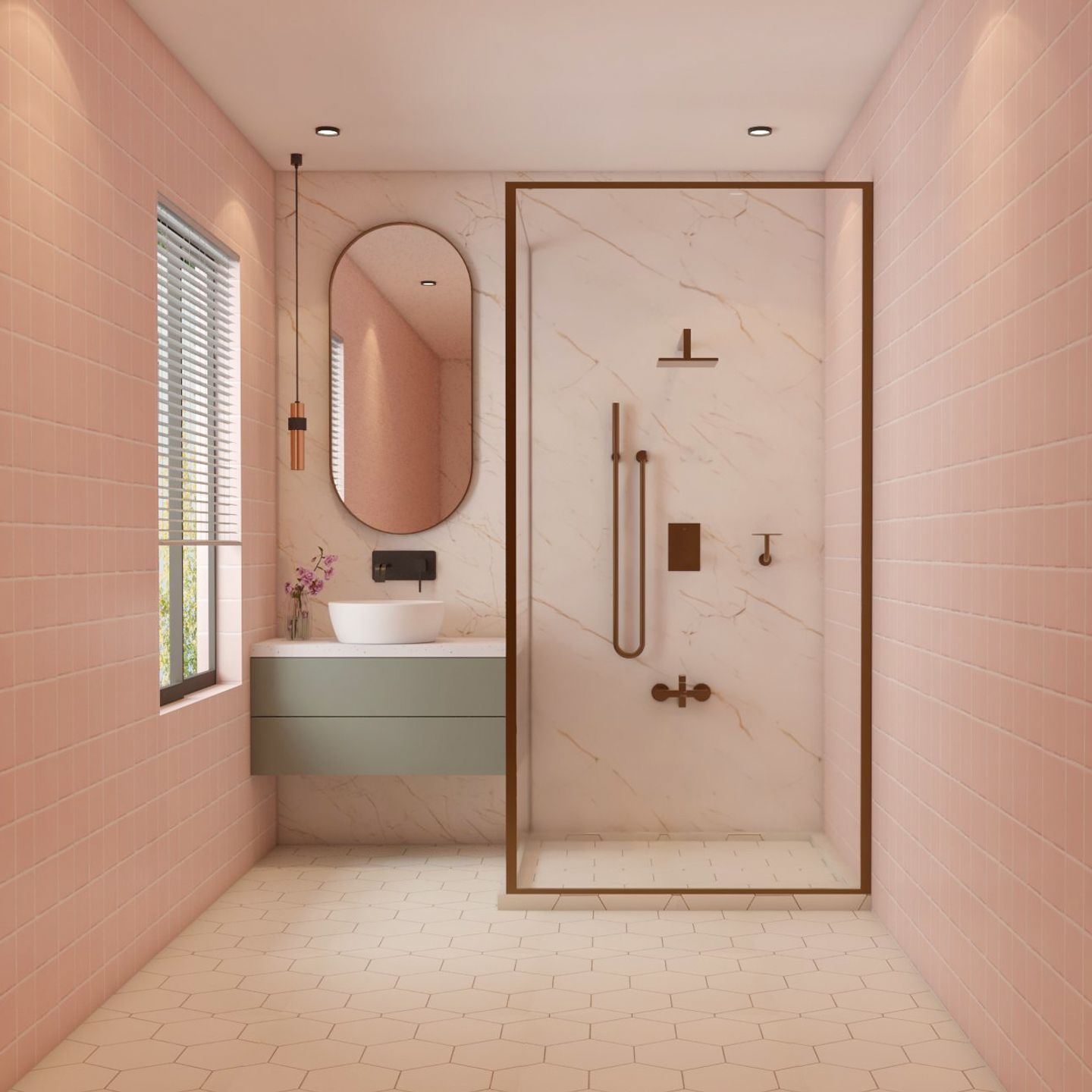 Spacious Pink Bathroom Design WIth Grey Vanity Unit | Livspace