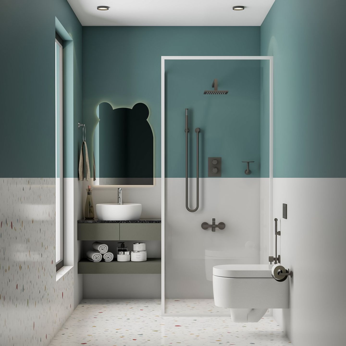 Small Bathroom Design With Multi Coloured Floor Tiles And Dual-Toned ...