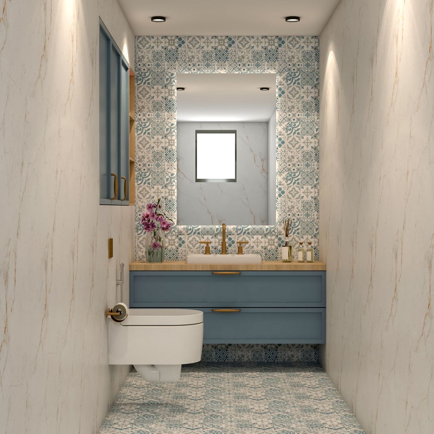 Classic Bathroom With Blue Vanity Unit, Wooden Countertop, Rectangular Mirror And Ornate Blue And White Wallpaper - Livspace