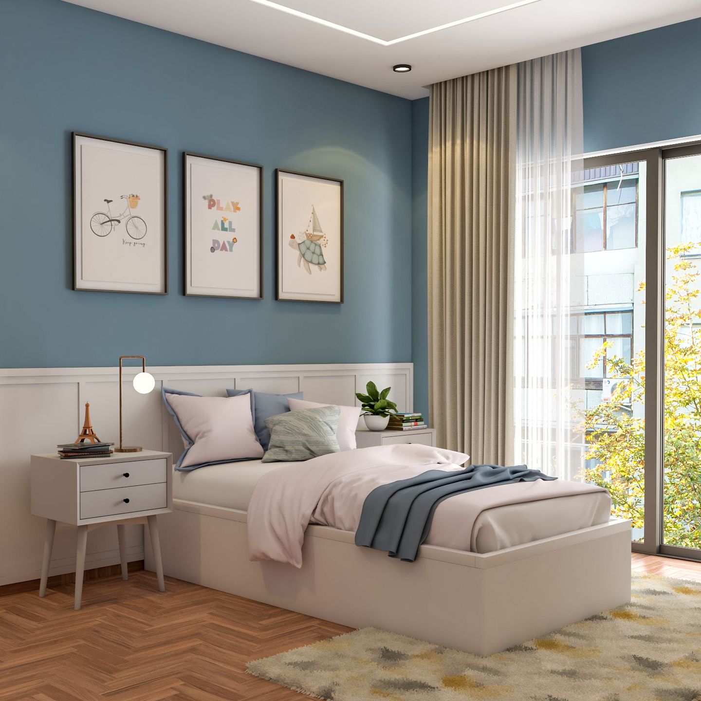 Blue And White Spacious Kids Room Design With White Panelled Base Wall ...