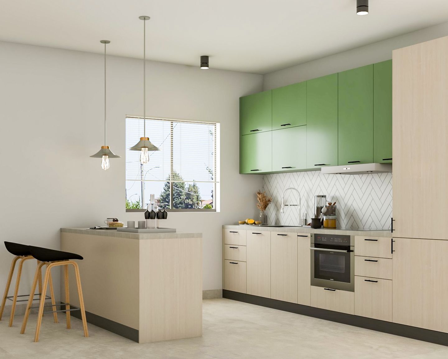 Minimal Glam Open Kitchen Design With Light Green And Brown Kitchen Cabinets - Livspace
