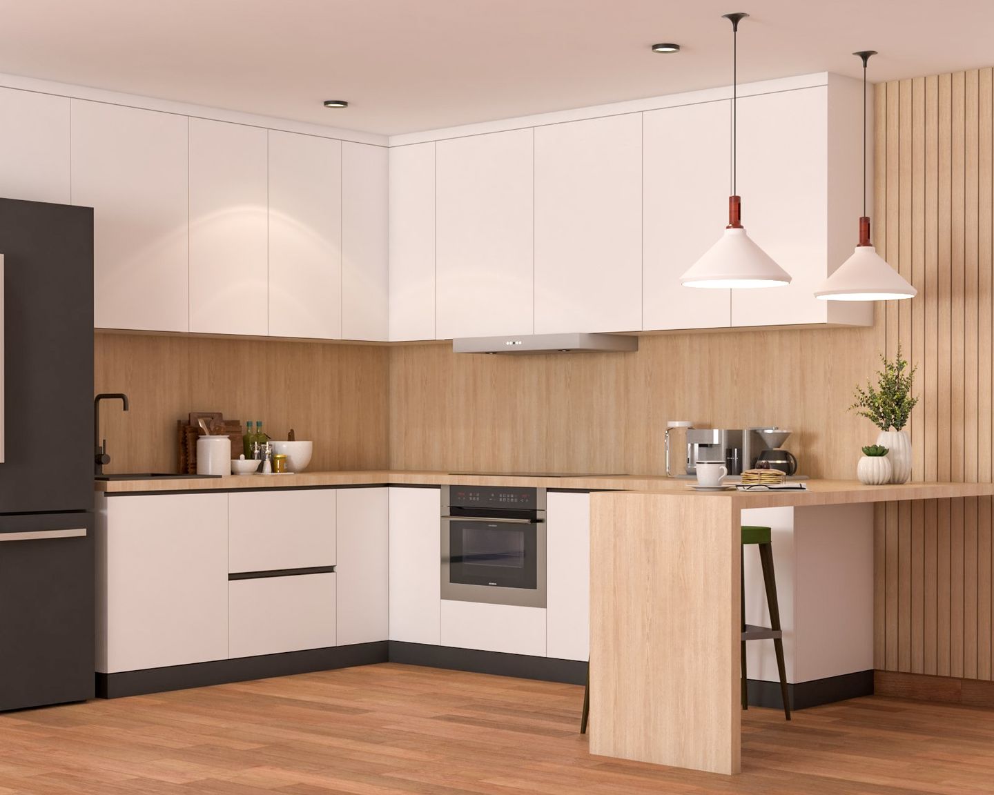 Scandinavian Peninsula White U-Shaped Kitchen Design - Livspace