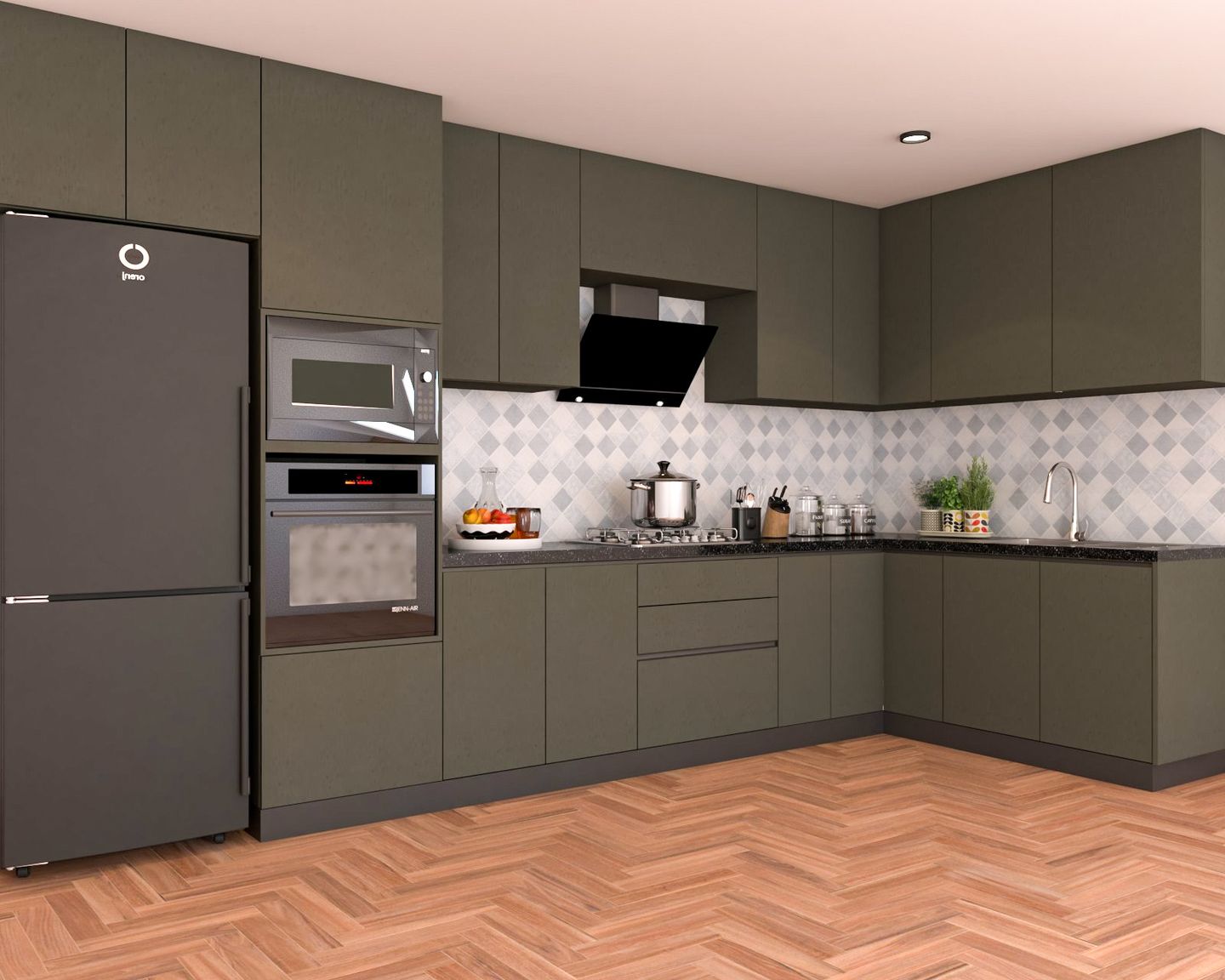 L-Shaped Contemporary Dark Green Kitchen Design With Tall Appliance Unit - Livspace Dark Green L-Shaped Kitchen Design With Dark Sintered Stone Countertop - Livspace