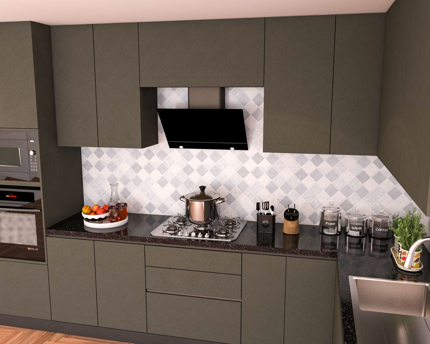 Dark Green L-Shaped Kitchen Design With Dark Sintered Stone Countertop - Livspace