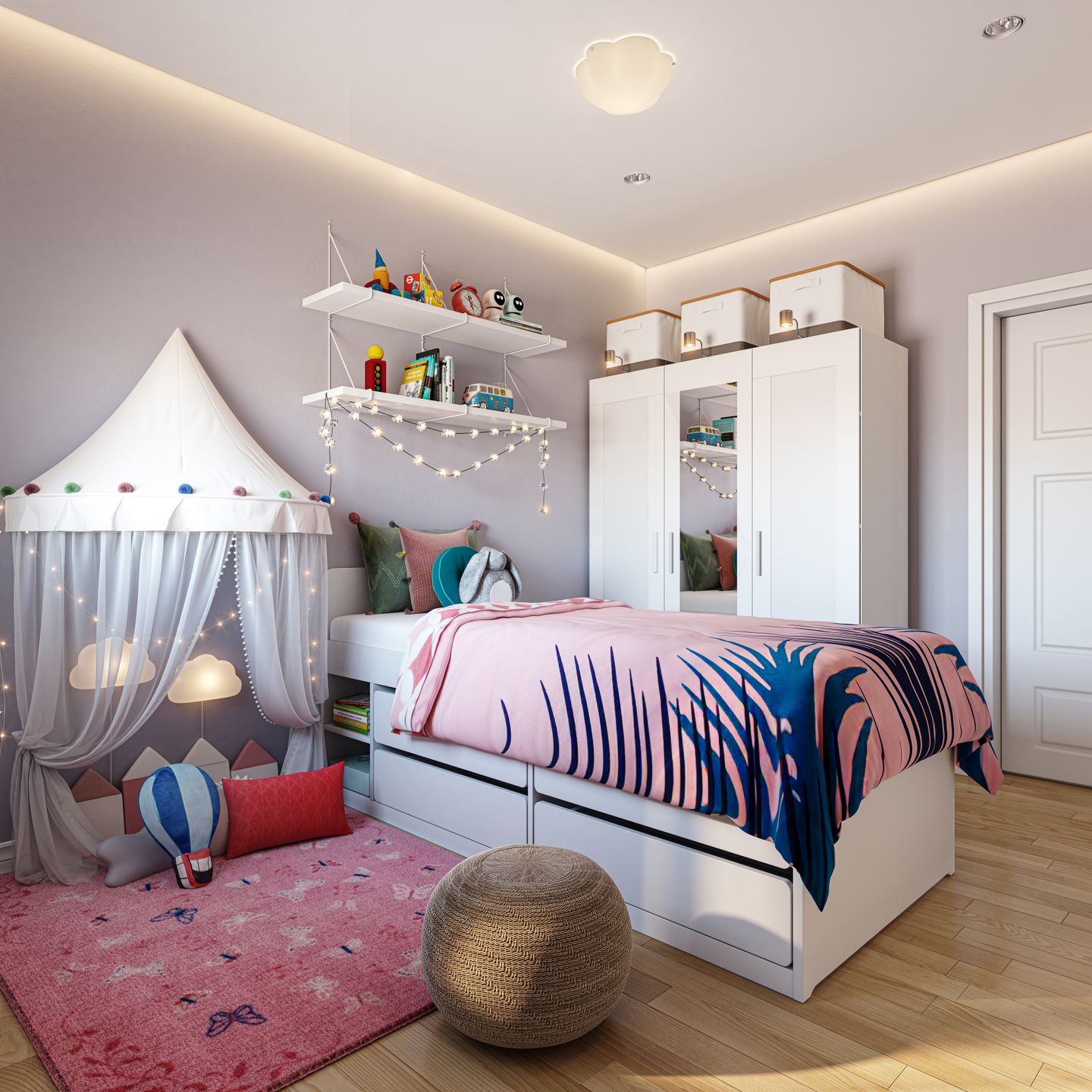 White and Pink Themed Kids Bedroom - Livspace