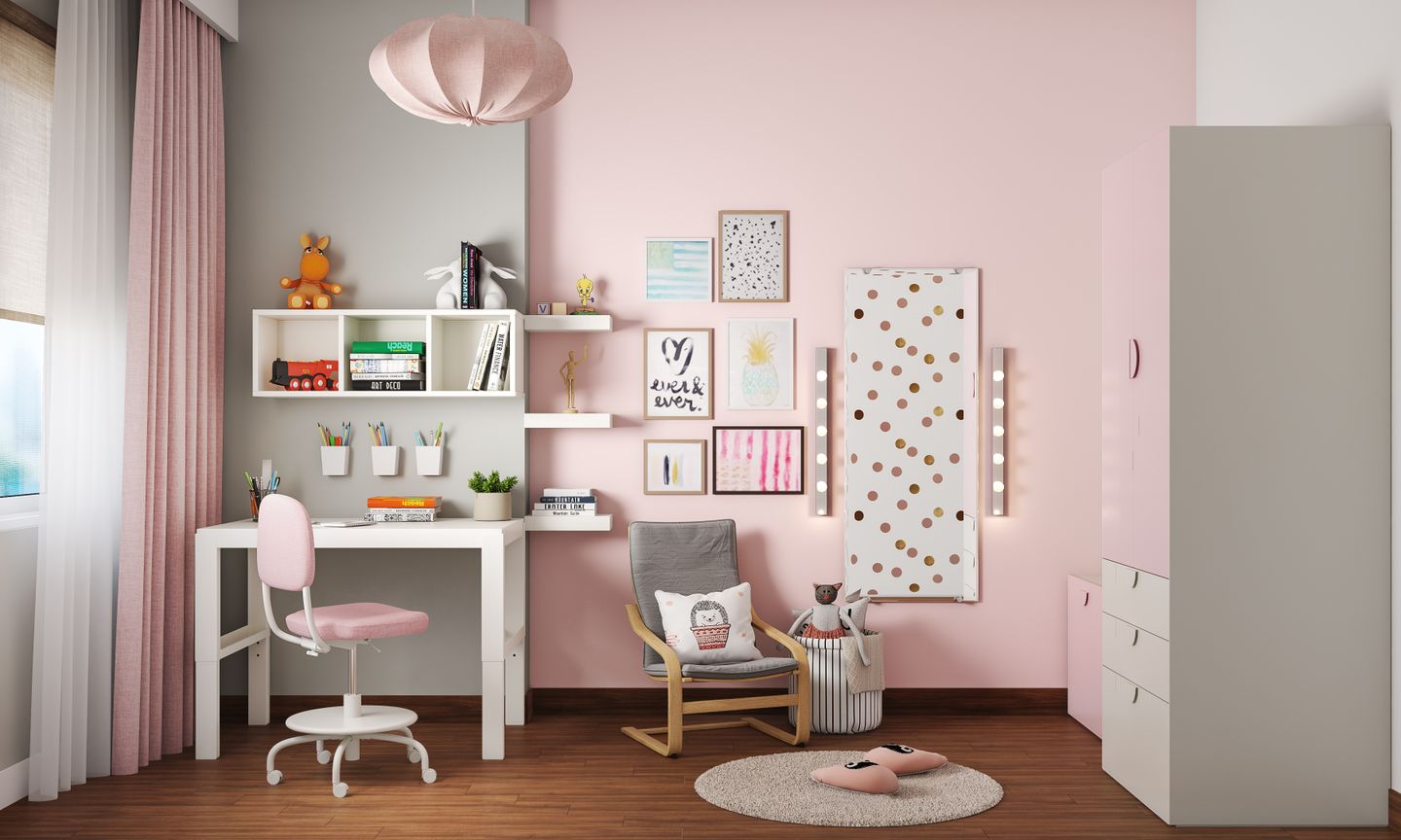 Pink and White Kids Bedroom Design - Livspace