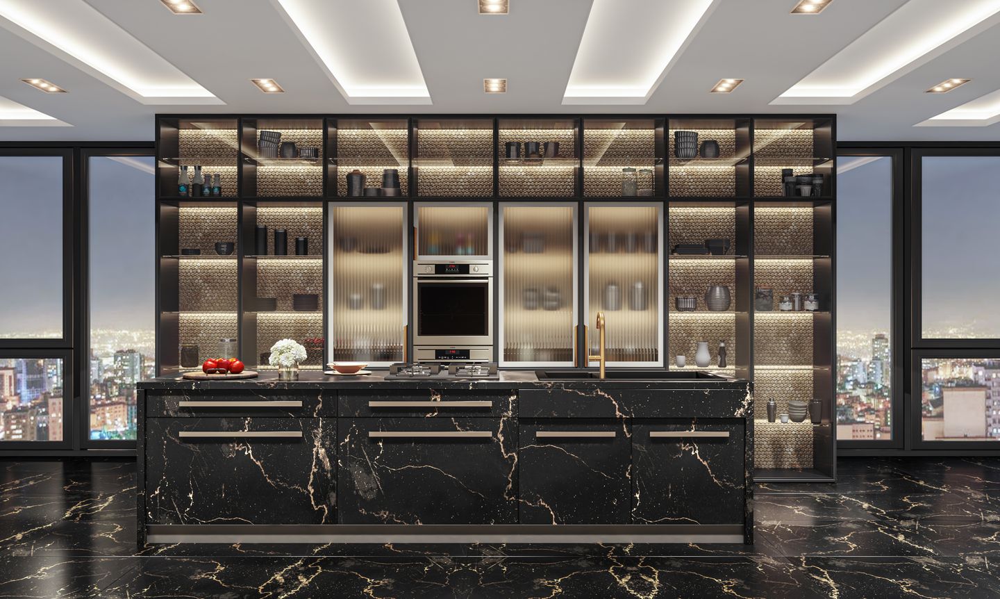 Luxurious Marble Kitchen With Premium Hexagonal Tiles - Livspace