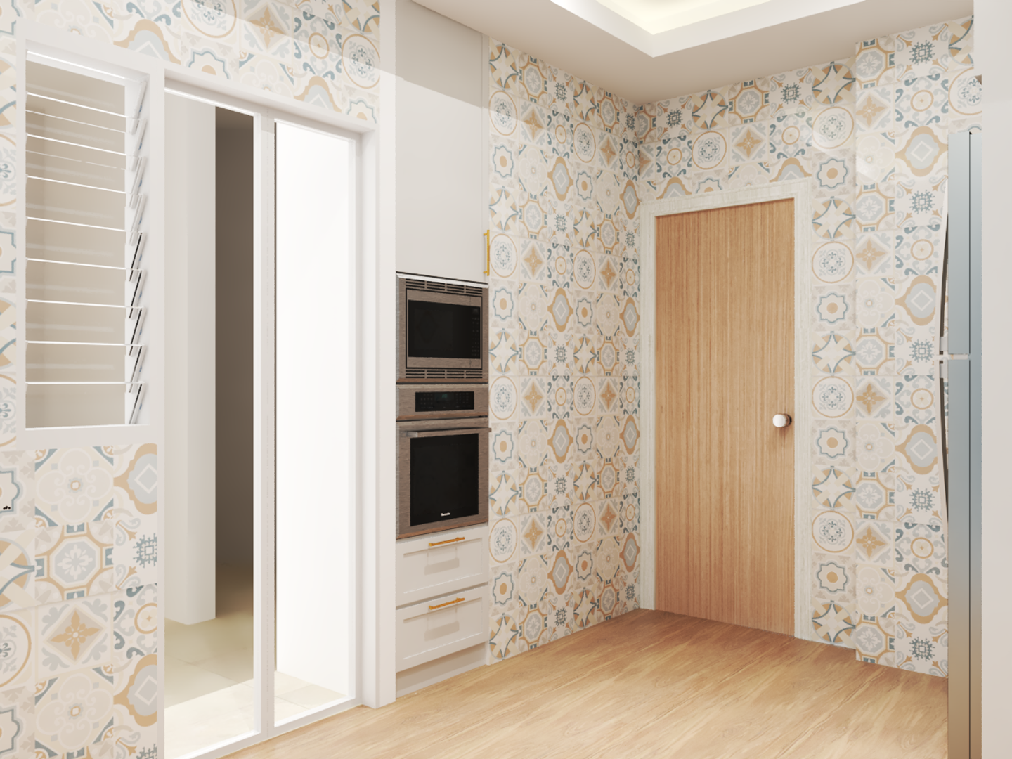 L-Shaped Kitchen with Wallpaper - Livspace