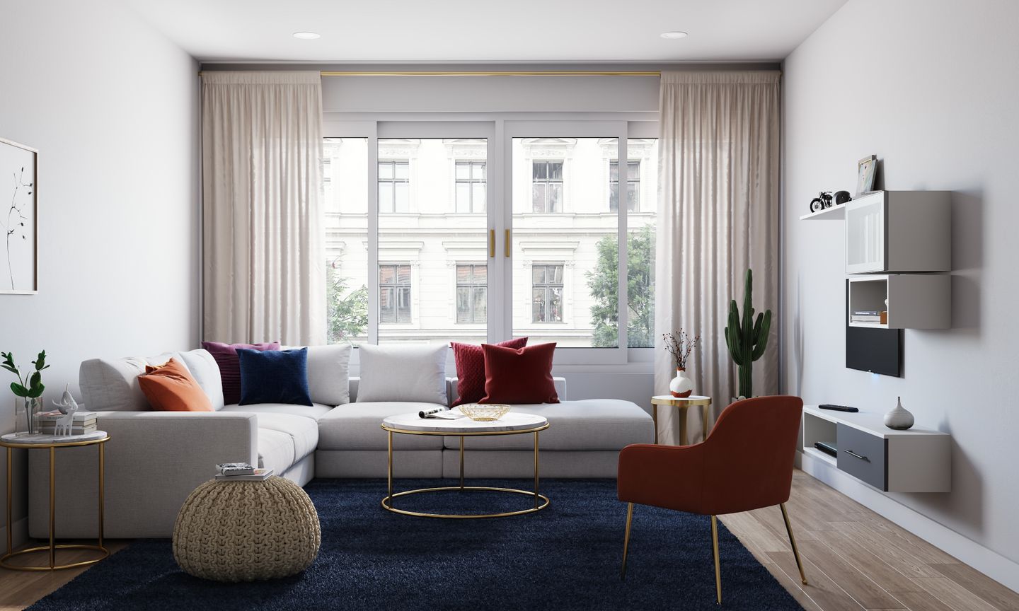 Minimalist Living Room Interior Design with L-Shaped Sofa - Livspace