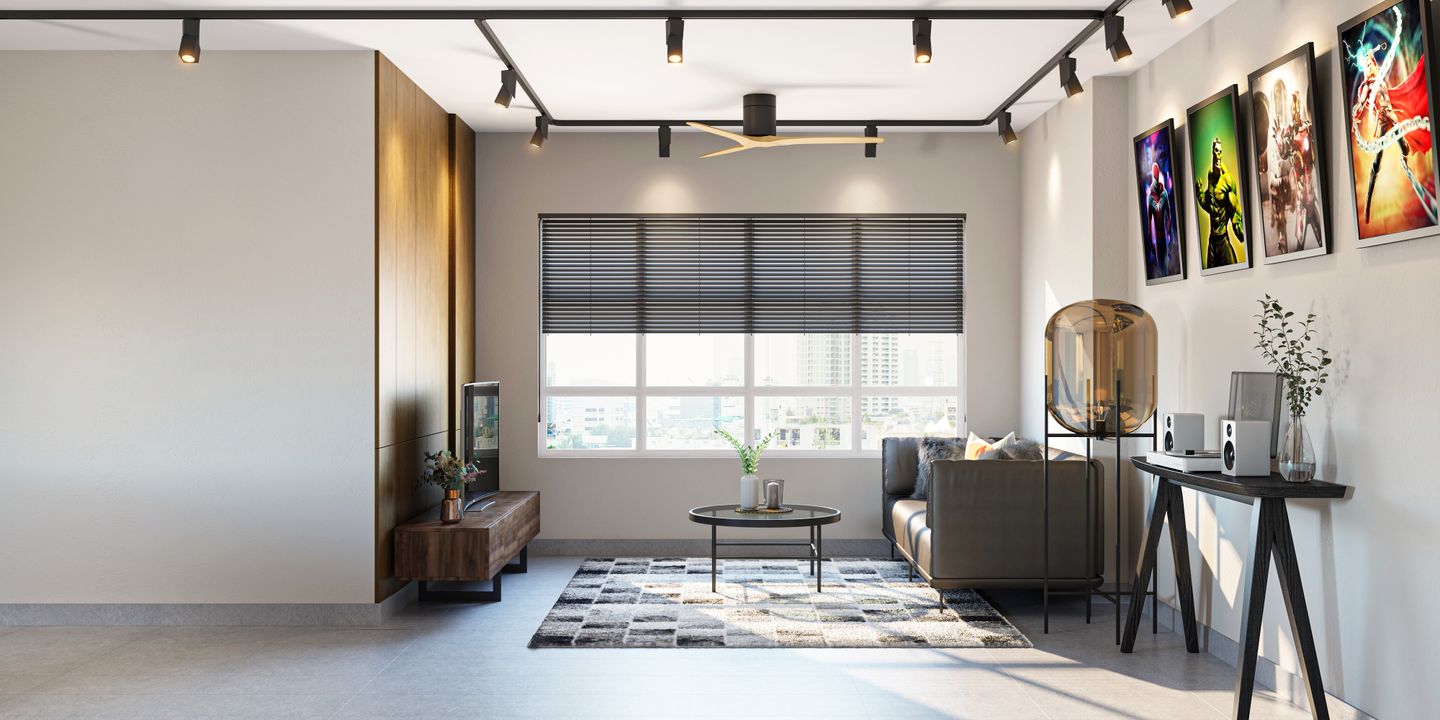 Glass Floor Lamp Open Layout Minimalist Living Room Interior Design - Livspace