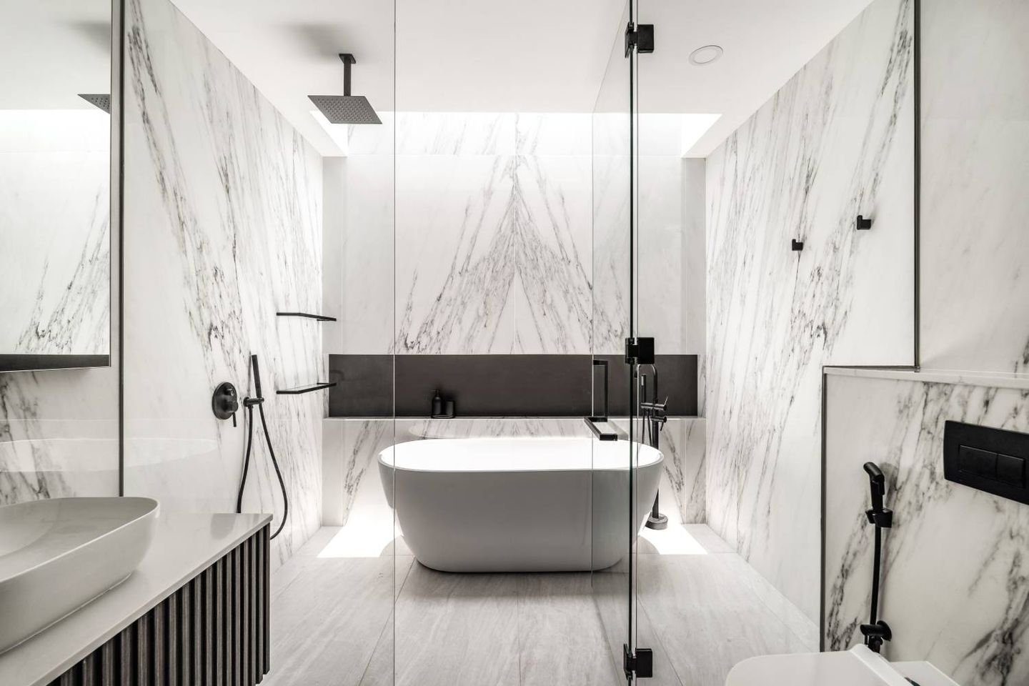 Modern White And Grey Bathroom Design With Marble Counter