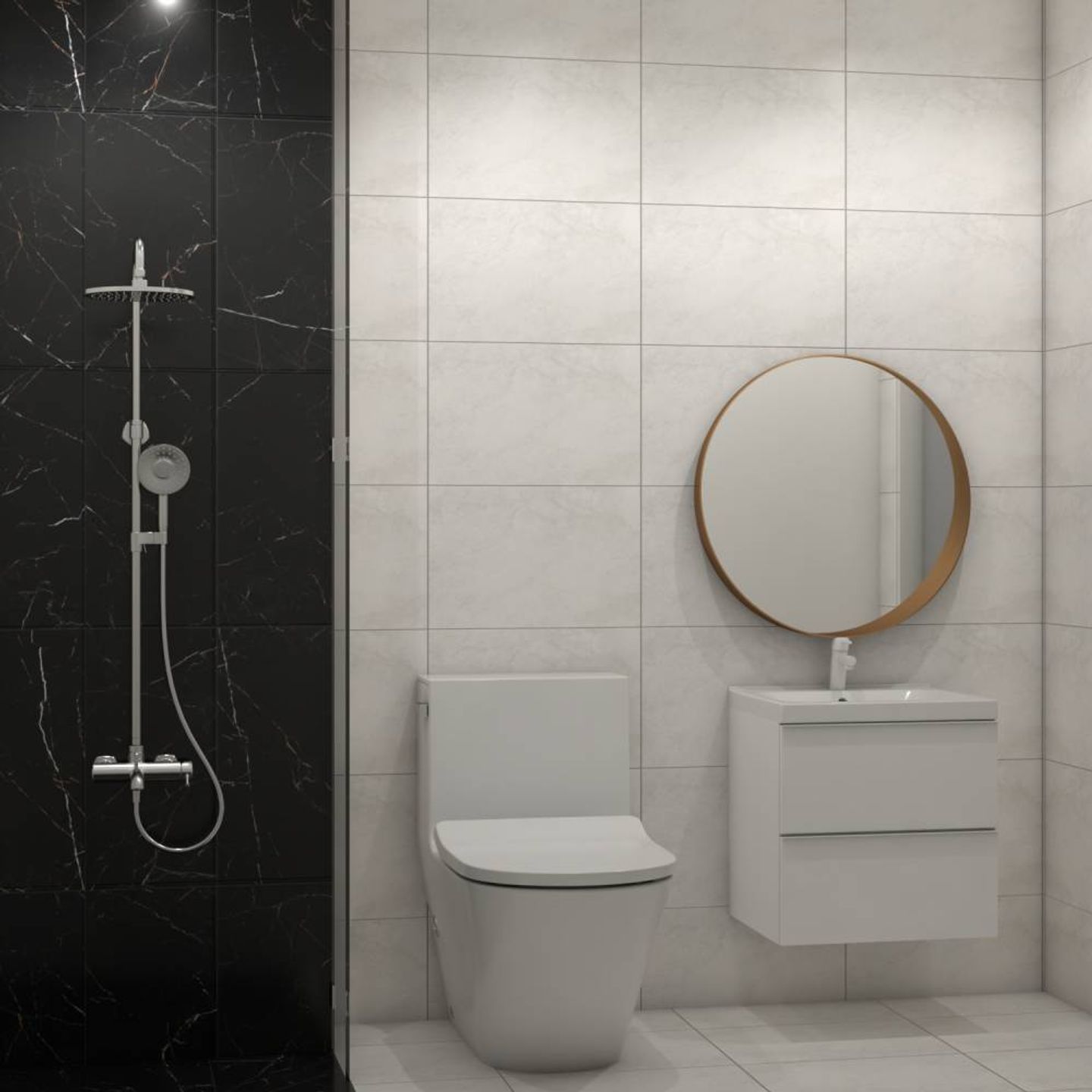 Black And White Bathroom Design With White Vanity Unit - Livspace