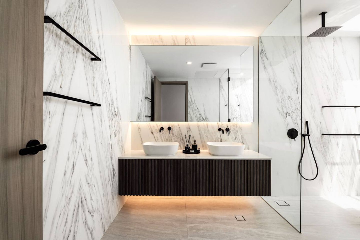 White And Grey Bathroom Design With Marble Counter - Livspace