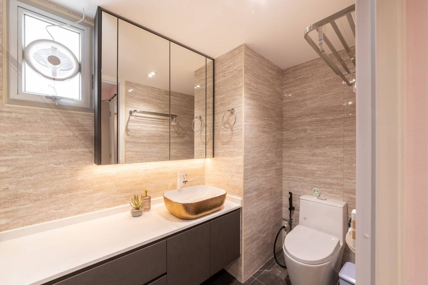 Beige Bathroom Design With Glass Partition - Livspace