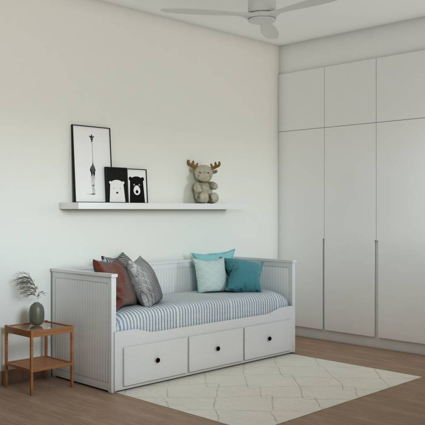 26 m² White Kids Room Design With Sofa-Cum-Bed - Livspace