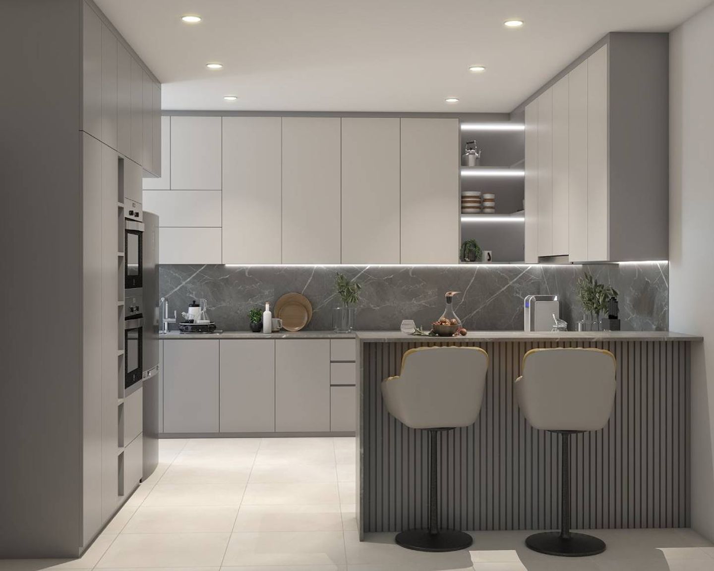 22 m² Grey And White Peninsula Kitchen Design With Profile Lighting | Livspace
